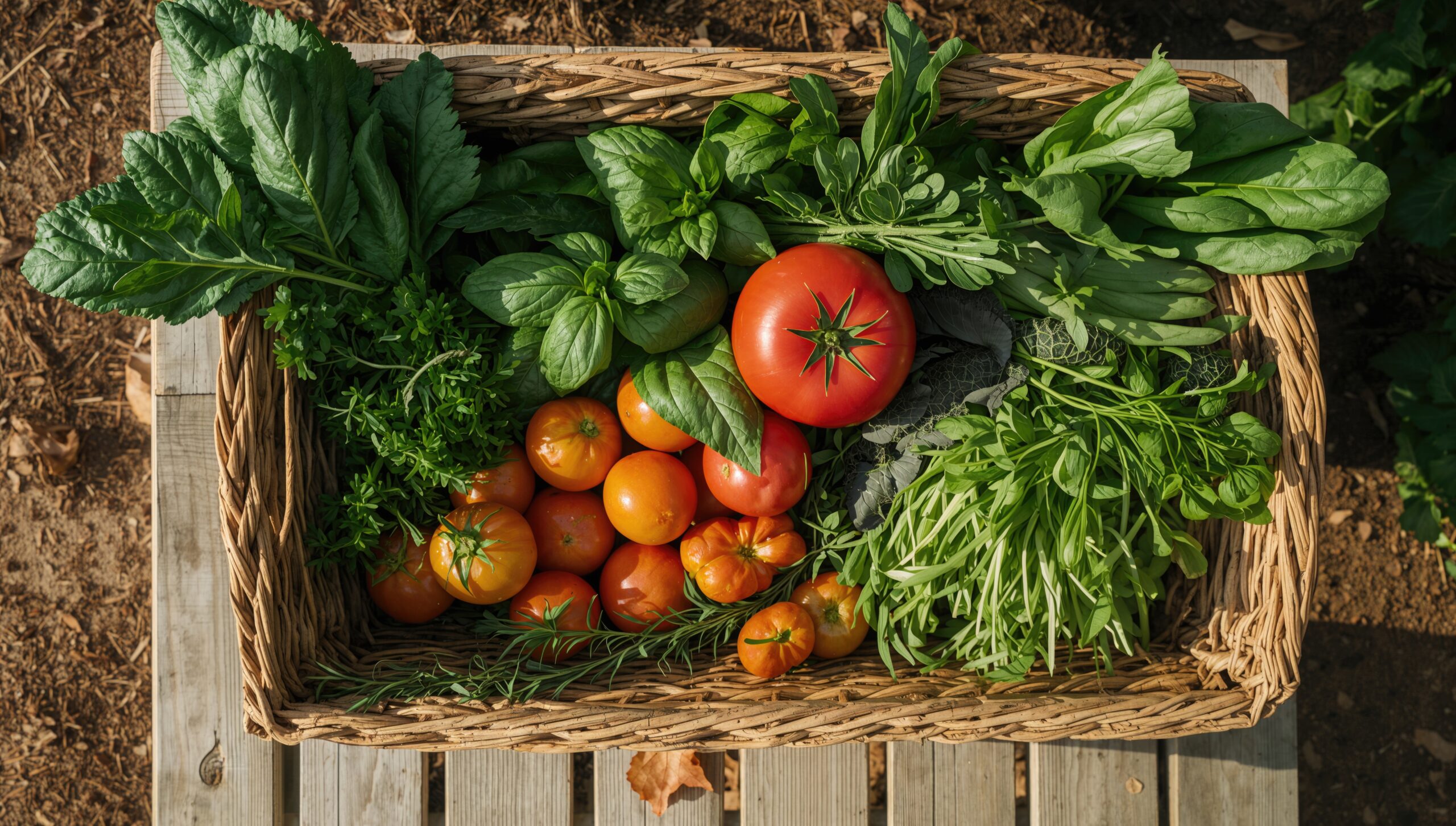 Cesta de mimbre con tomates, hortalizas y hierbas recién cosechadas
