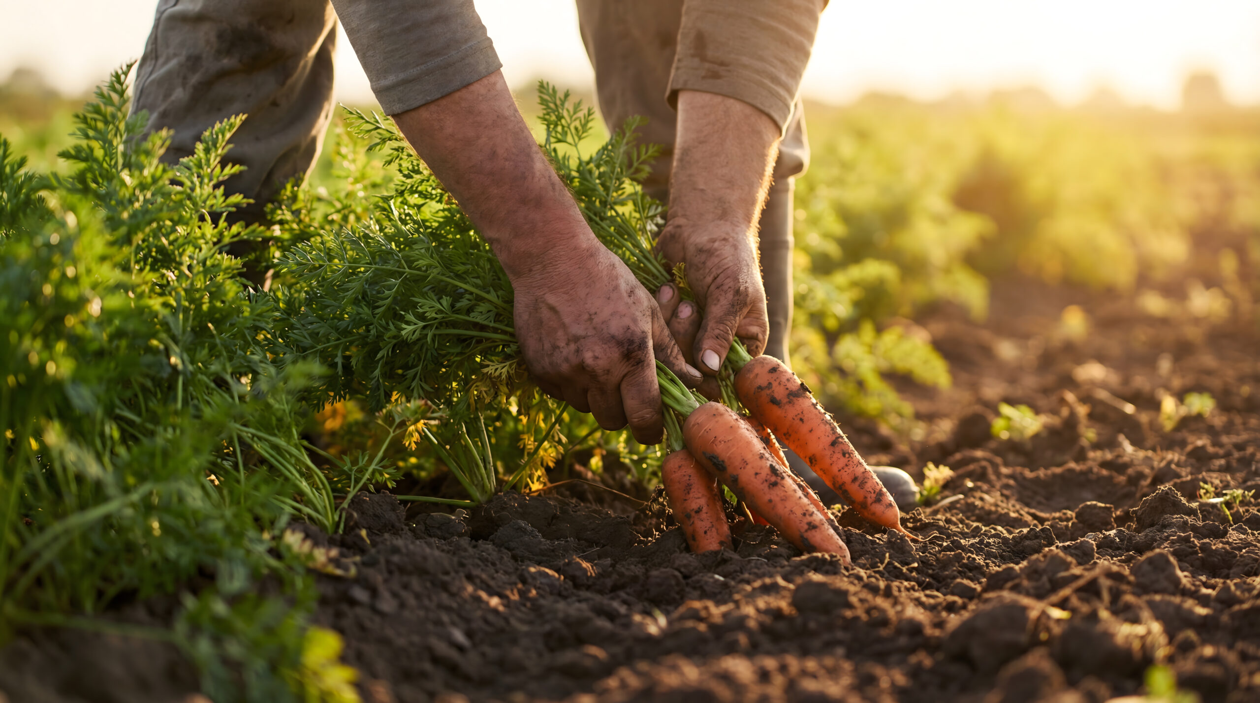 Manos recogiendo zanahorias directamente de la tierra