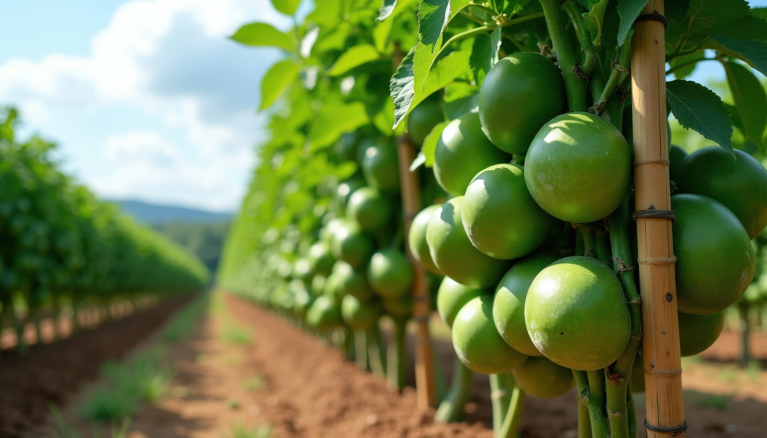 Hileras de plantas entutoradas con cañas de bambú, cargadas de frutos verdes